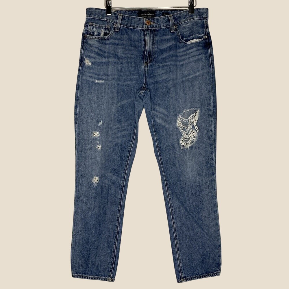 Lucky Brand Sienna Slim Boyfriend Womens Sz 6/28 Blue Distressed Ripped Jeans‎